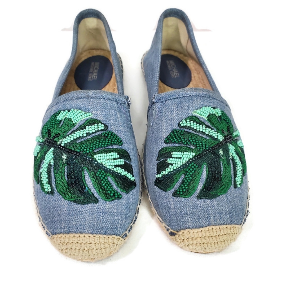 Denim Slip-On Espadrilles with Green Sequin Leaf Embroidery
